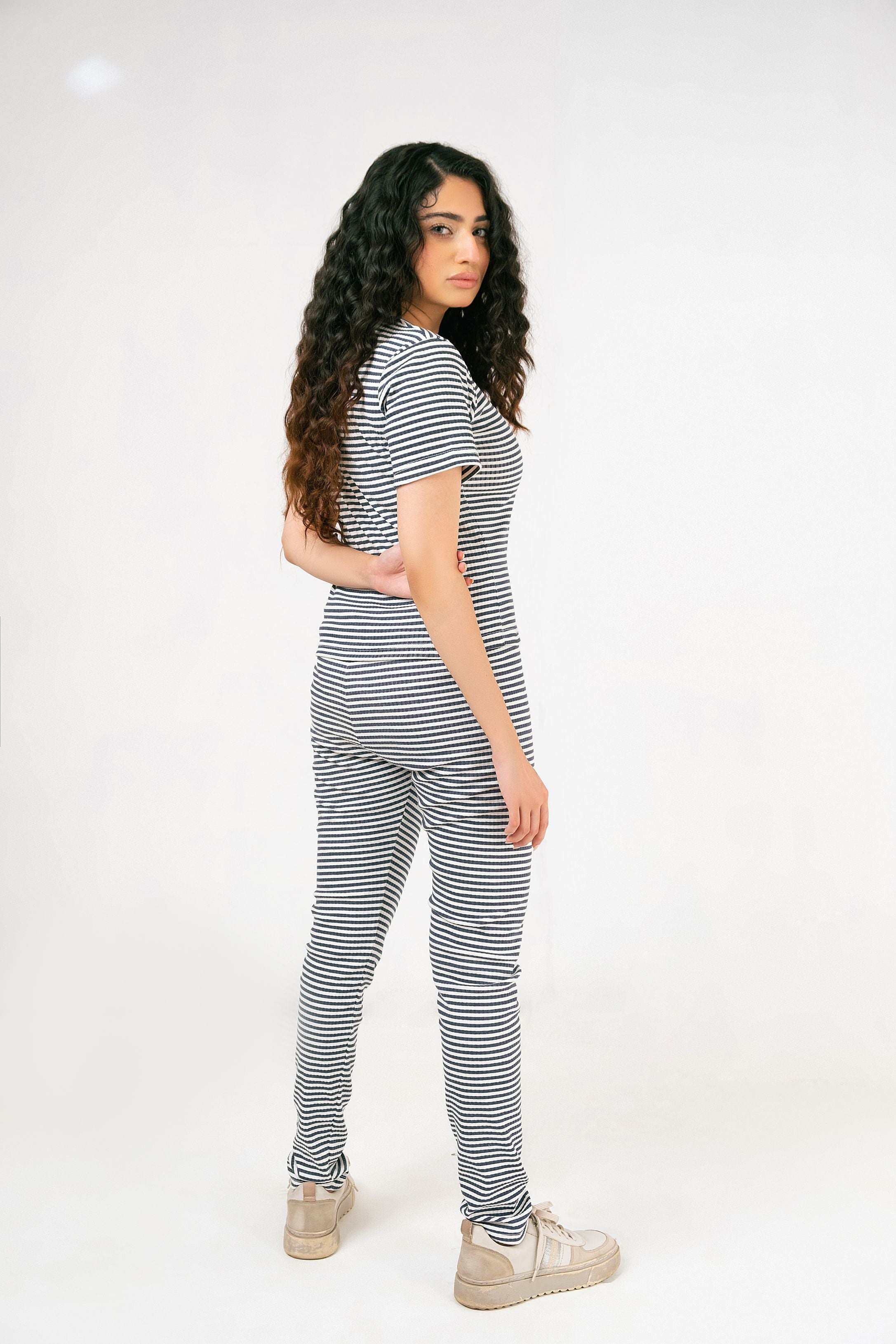 Ribbed Striper Square Neck Top & Trouser Set