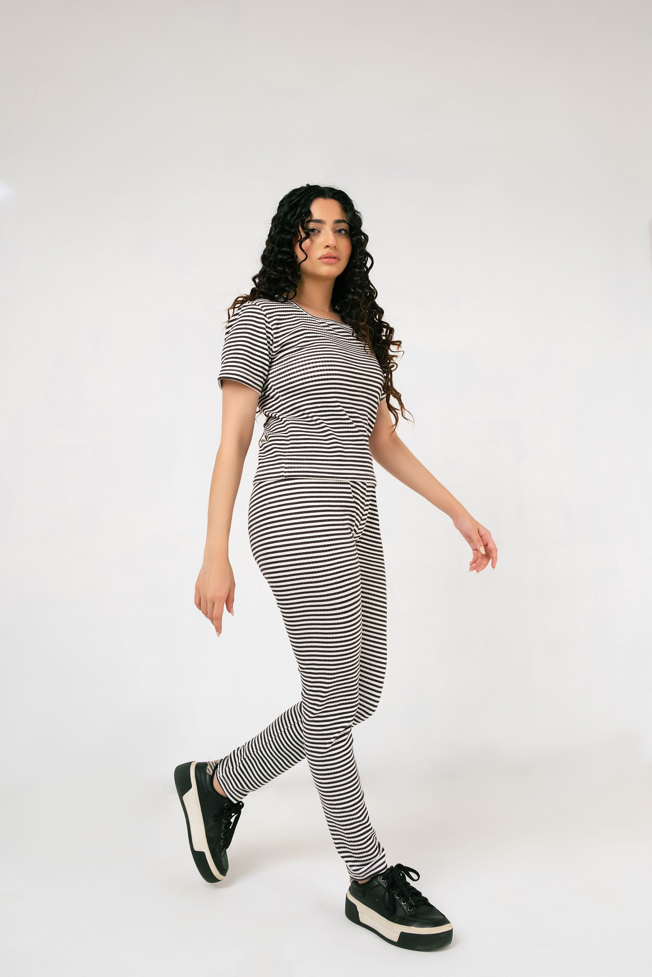 Ribbed Striper Square Neck Top & Trouser Set