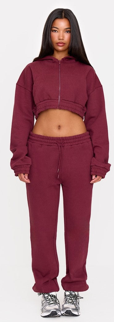 Burgundy Premium Cropped Waistband Detail Sweat Hoodie