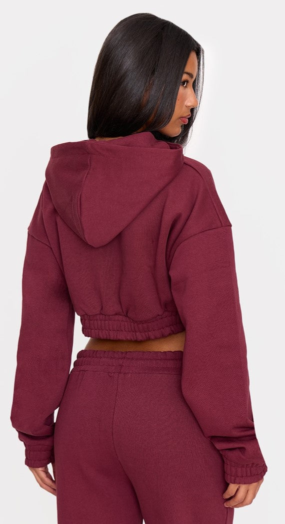 Burgundy Premium Cropped Waistband Detail Sweat Hoodie