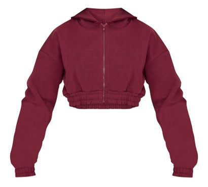 Burgundy Premium Cropped Waistband Detail Sweat Hoodie