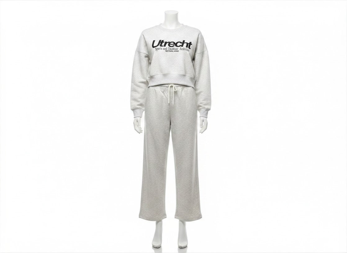 Cotton Fleece Boxy Crop Sweatshirt & Wide Leg Trouser Set