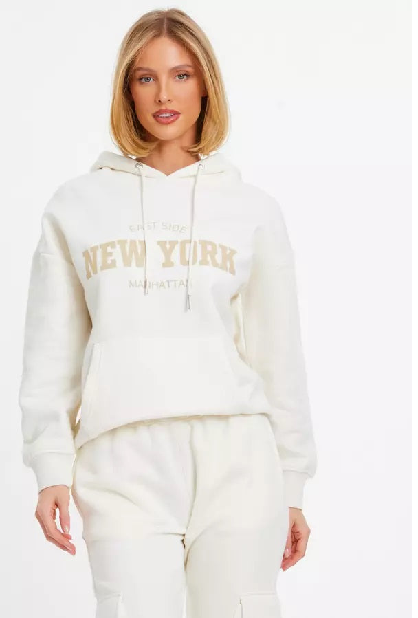 Cream Fleece 'New York' Oversized Hoodie